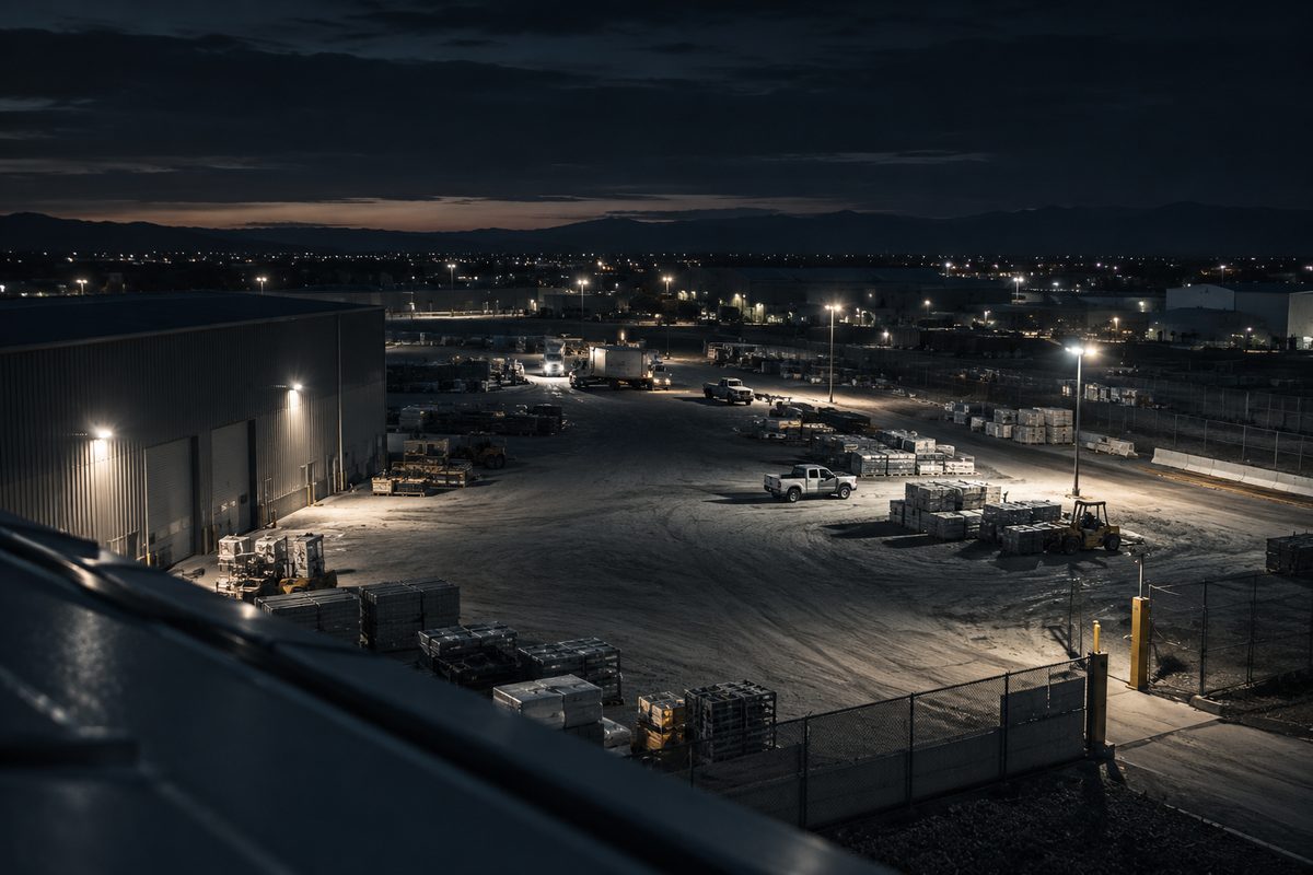 Watchtower camera mast over an industrial yard at night